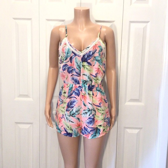 Spiaggia Dolce Womens Pink Leaf Print Tropical Sleeveless Romper Size Large - Picture 1 of 4